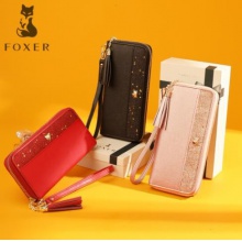 金狐狸（FOXER）女士长款钱包时尚拉链手机包韩版大容量星辰手拿包 JD2053009F1W 玫瑰金