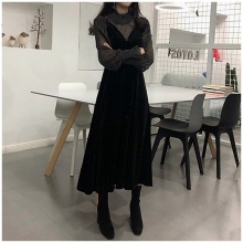 XZOO连衣裙2019春季新款女装chic两件套装裙修身纯色百搭长裙气质小黑裙子 黑色 M