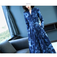 XZOO连衣裙长袖2019春季新款女装韩版时尚洋气印花收腰裙子 藏青色 XL